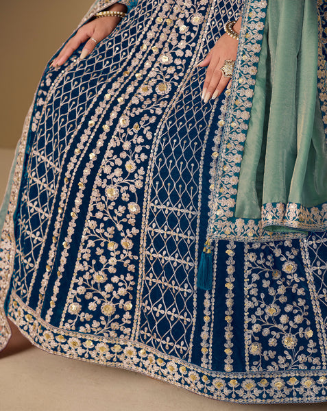 Blue Zari Work Women Unstitched Velvet Anarkali Suit