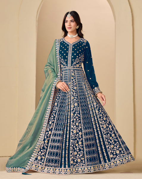Blue Zari Work Women Unstitched Velvet Anarkali Suit