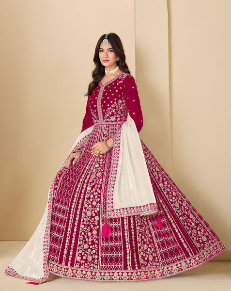 Red Zari Work Women Unstitched Velvet Anarkali Suit