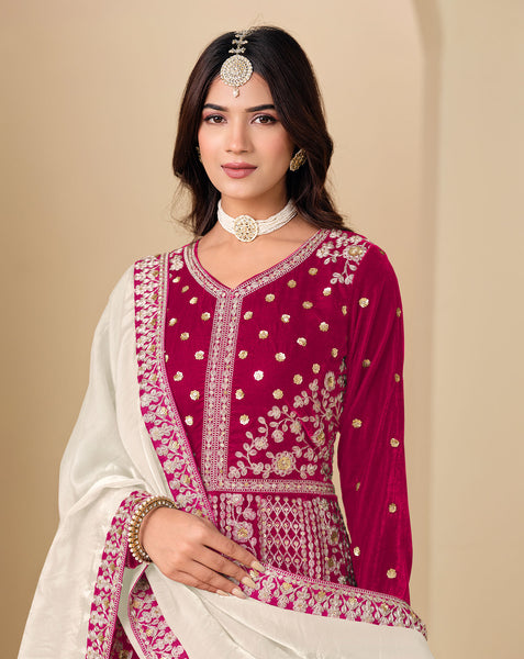 Red Zari Work Women Unstitched Velvet Anarkali Suit