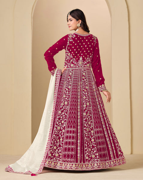 Red Zari Work Women Unstitched Velvet Anarkali Suit