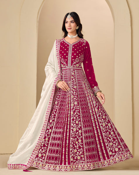 Red Zari Work Women Unstitched Velvet Anarkali Suit