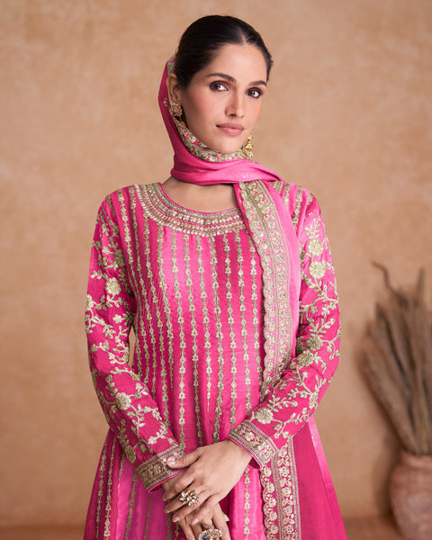Pink Chinnon Silk Readymade Kalidar Frock Suit With Embroidered Palazzo