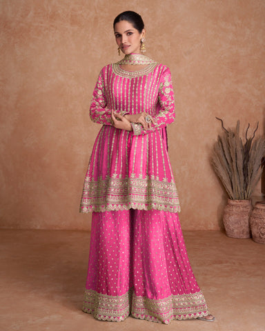 Pink Chinnon Silk Readymade Kalidar Frock Suit With Embroidered Palazzo