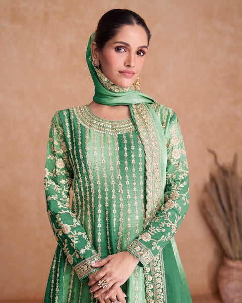 Green Chinnon Silk Readymade Kalidar Frock Suit With Embroidered Palazzo