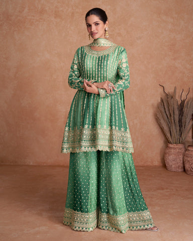 Green Chinnon Silk Readymade Kalidar Frock Suit With Embroidered Palazzo