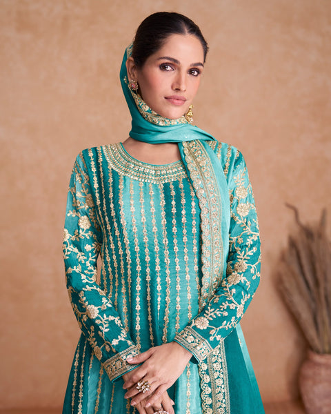 Sky Blue Chinnon Silk Readymade Kalidar Frock Suit With Embroidered Palazzo