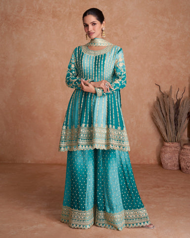 Sky Blue Chinnon Silk Readymade Kalidar Frock Suit With Embroidered Palazzo