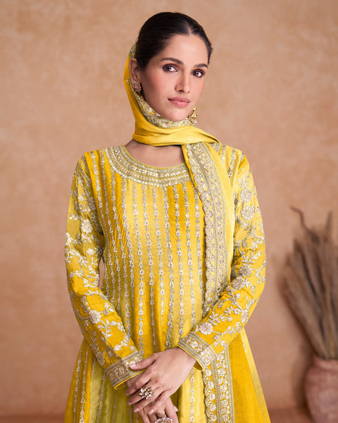 Yellow Chinnon Silk Readymade Kalidar Frock Suit With Embroidered Palazzo