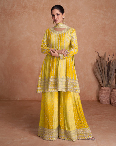 Yellow Chinnon Silk Readymade Kalidar Frock Suit With Embroidered Palazzo