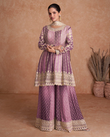 Purple Chinnon Silk Readymade Kalidar Frock Suit With Embroidered Palazzo