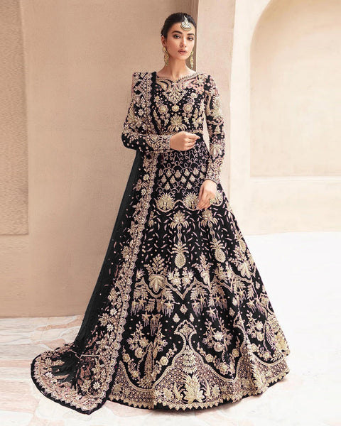 Black Zari & Diamond Work Women Unstitched Anarkali Wedding Gown