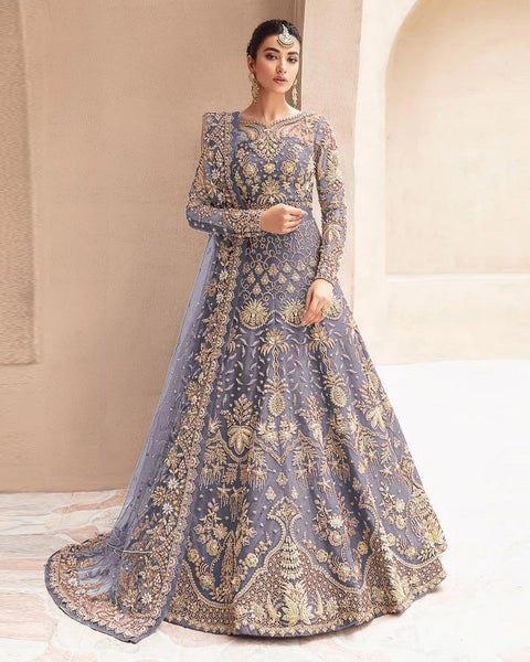 Lavender Zari & Diamond Work Women Unstitched Anarkali Wedding Gown