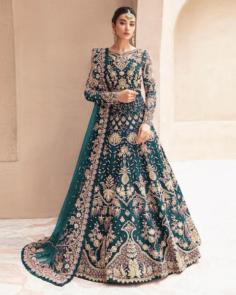 Teal Zari & Diamond Work Women Unstitched Anarkali Wedding Gown