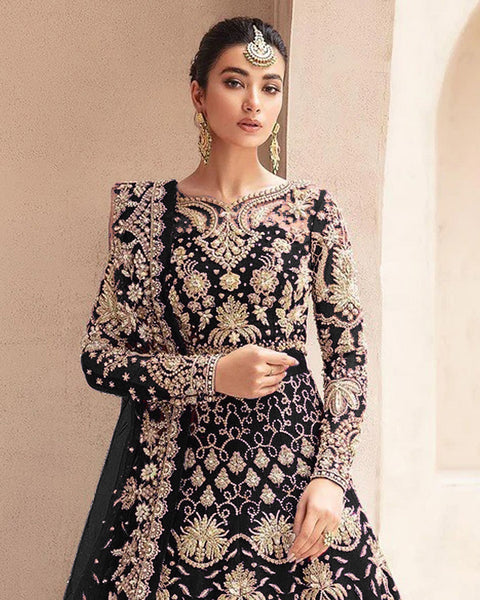 Black Zari & Diamond Work Women Unstitched Anarkali Wedding Gown