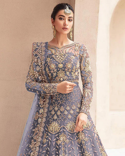 Lavender Zari & Diamond Work Women Unstitched Anarkali Wedding Gown