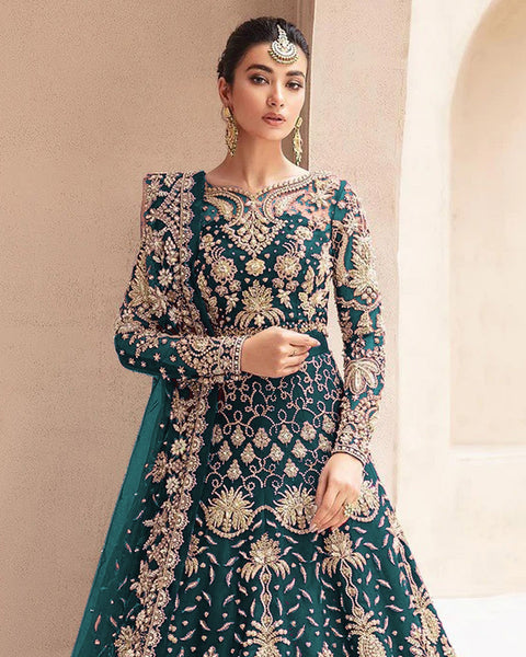 Teal Zari & Diamond Work Women Unstitched Anarkali Wedding Gown