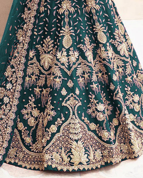 Teal Zari & Diamond Work Women Unstitched Anarkali Wedding Gown