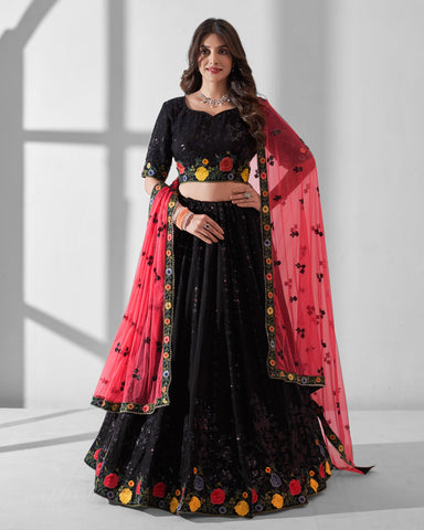 Black Sequins & Thread Work Lehenga Choli With Pink Net Dupatta