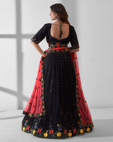 Black Sequins & Thread Work Lehenga Choli With Pink Net Dupatta