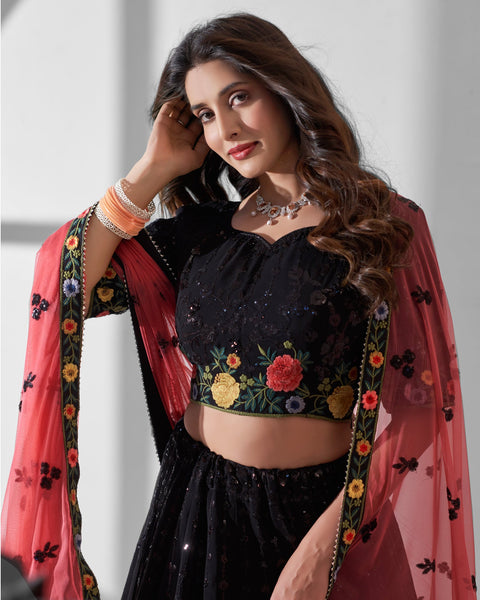 Black Sequins & Thread Work Lehenga Choli With Pink Net Dupatta