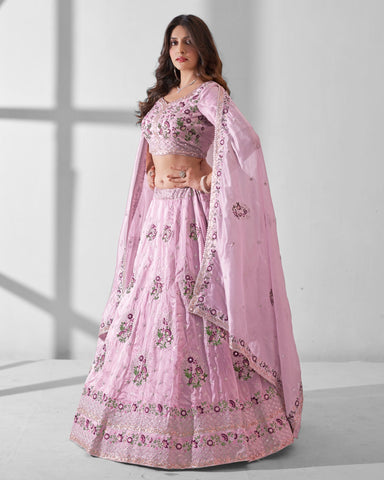 Pink Sequins & Thread Work Lehenga Choli With Organza Dupatta