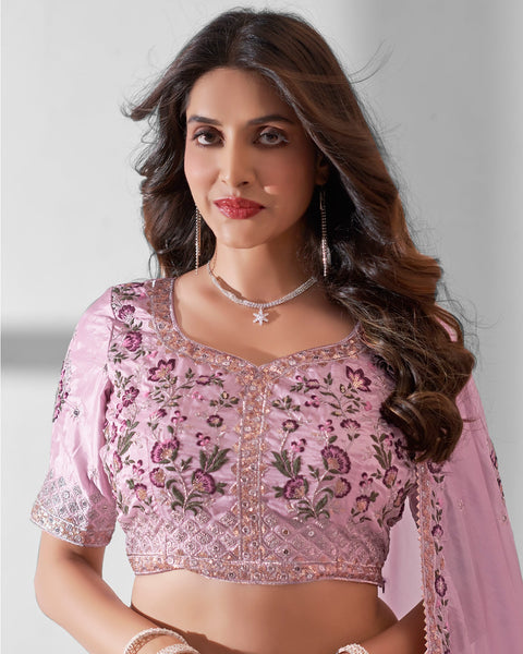 Pink Sequins & Thread Work Lehenga Choli With Organza Dupatta