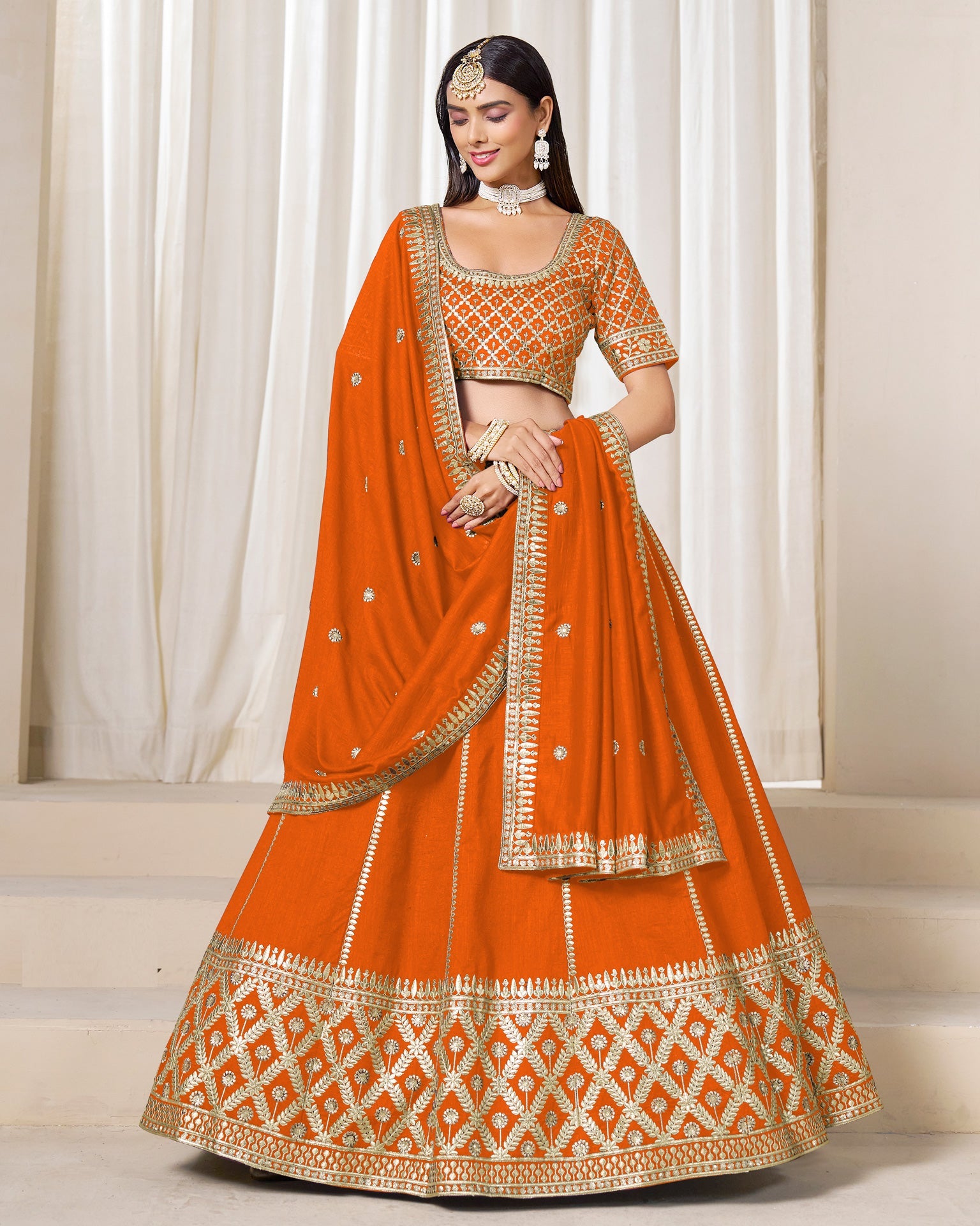 Orange Art Silk Unstitched Zari Sequins Work Women Lehenga Choli