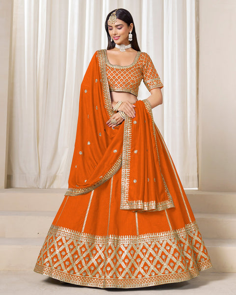 Orange Art Silk Unstitched Zari Sequins Work Women Lehenga Choli