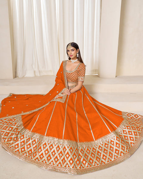 Orange Art Silk Unstitched Zari Sequins Work Women Lehenga Choli