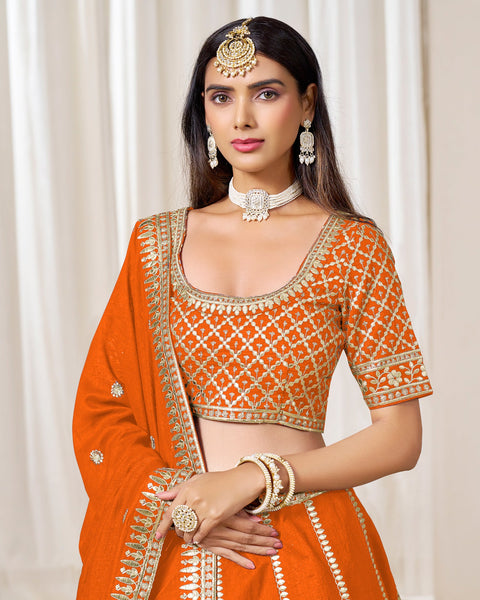 Orange Art Silk Unstitched Zari Sequins Work Women Lehenga Choli