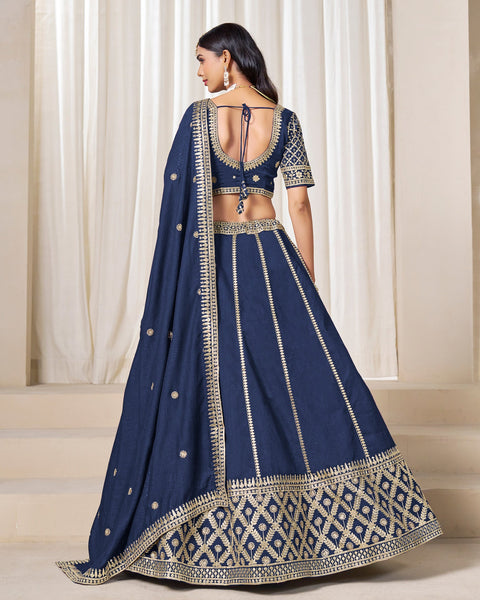 Blue Art Silk Unstitched Zari Sequins Work Women Lehenga Choli