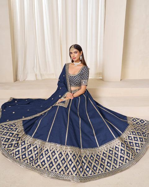 Blue Art Silk Unstitched Zari Sequins Work Women Lehenga Choli