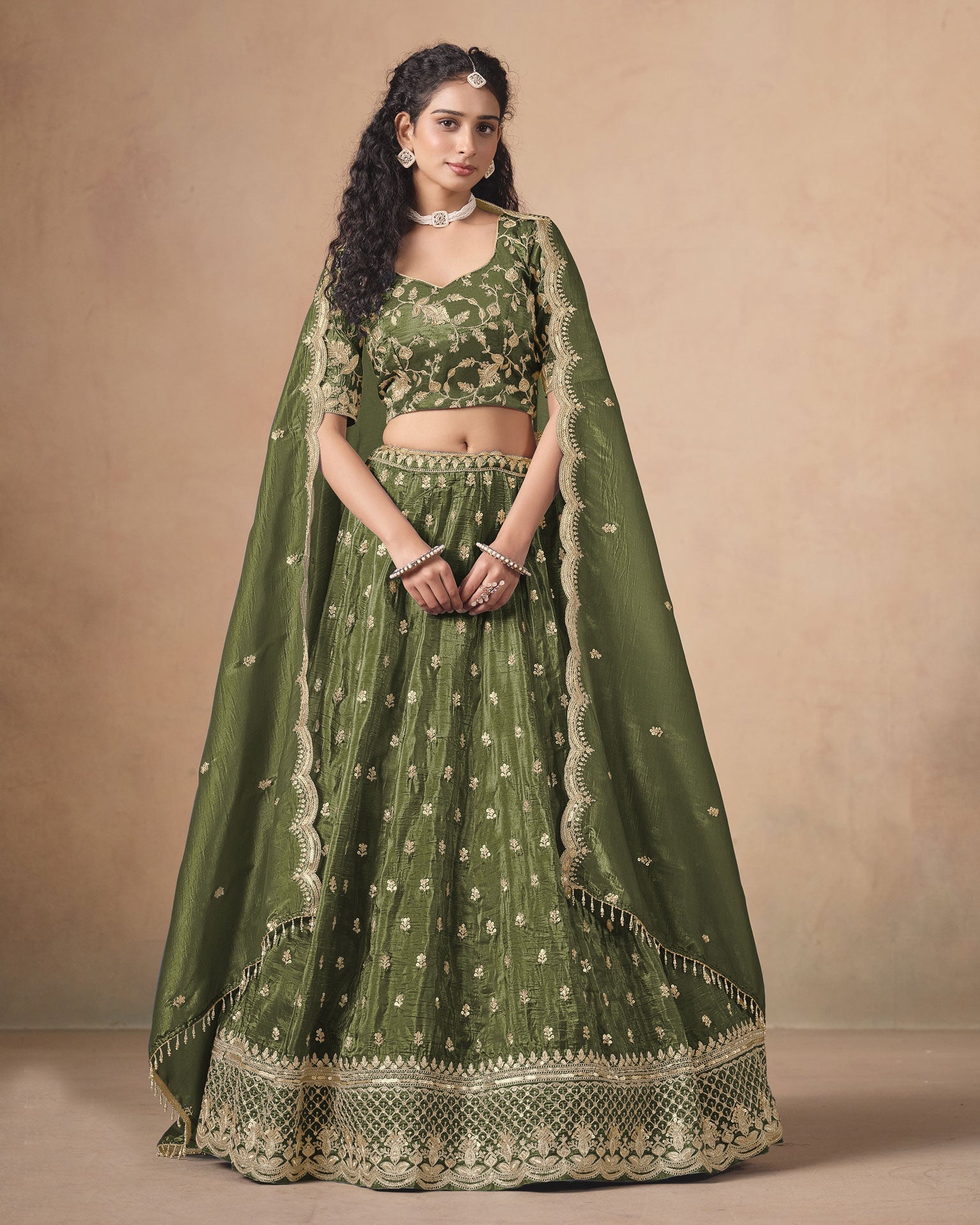 Mahendi Green Zari Sequins Work Organza Silk Unstitched Women Lehenga Choli For Wedding
