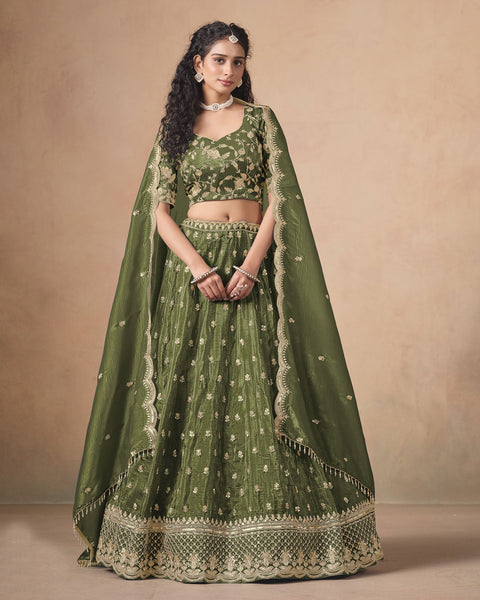 Mahendi Green Zari Sequins Work Organza Silk Unstitched Women Lehenga Choli For Wedding