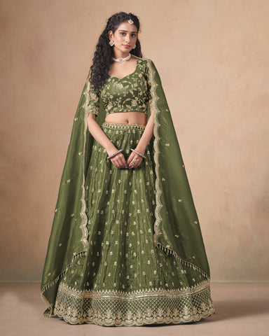 Mahendi Green Zari Sequins Work Organza Silk Unstitched Women Lehenga Choli For Wedding