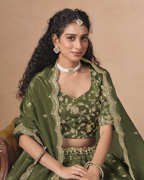 Mahendi Green Zari Sequins Work Organza Silk Unstitched Women Lehenga Choli For Wedding