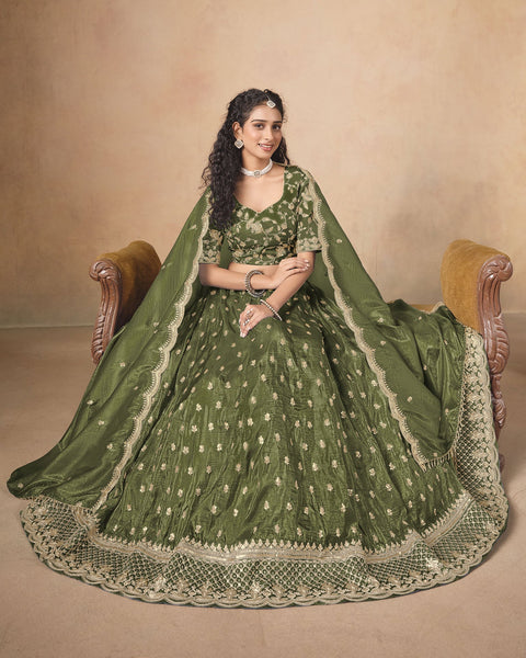 Mahendi Green Zari Sequins Work Organza Silk Unstitched Women Lehenga Choli For Wedding