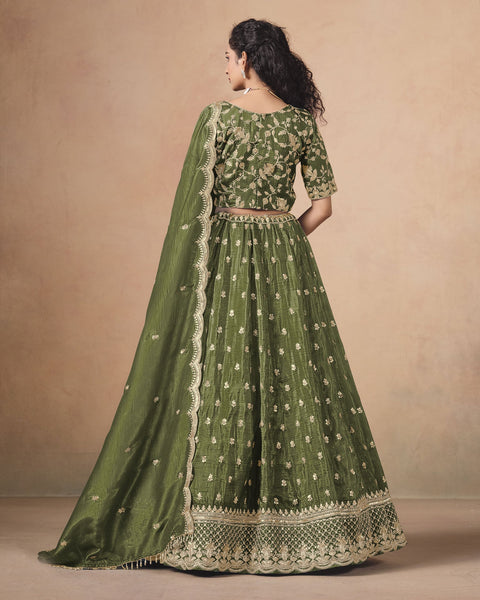 Mahendi Green Zari Sequins Work Organza Silk Unstitched Women Lehenga Choli For Wedding