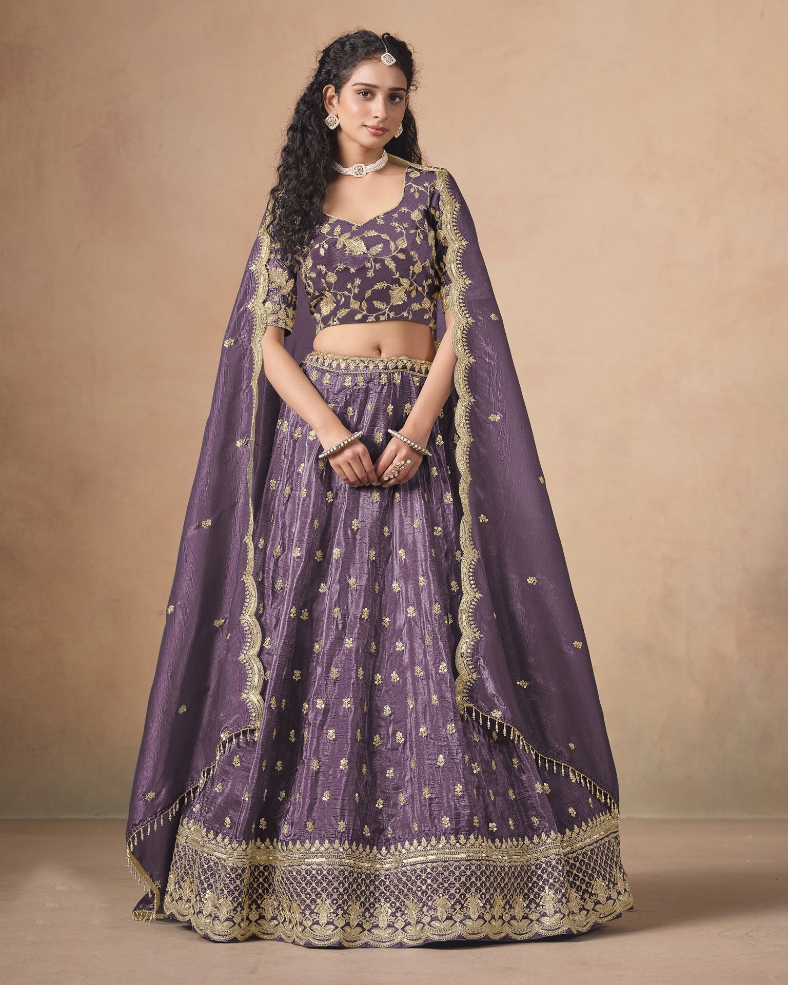 Lavender Zari Sequins Work Organza Silk Unstitched Women Lehenga Choli For Wedding