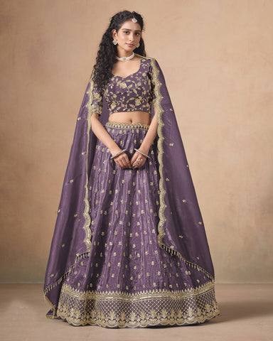 Lavender Zari Sequins Work Organza Silk Unstitched Women Lehenga Choli For Wedding
