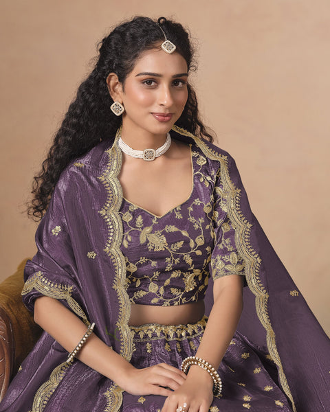 Lavender Zari Sequins Work Organza Silk Unstitched Women Lehenga Choli For Wedding