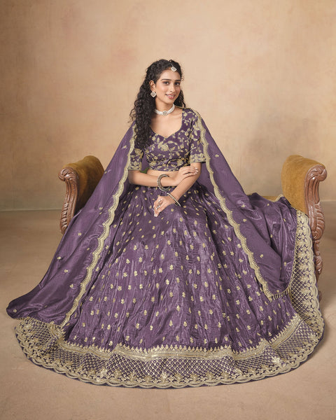 Lavender Zari Sequins Work Organza Silk Unstitched Women Lehenga Choli For Wedding