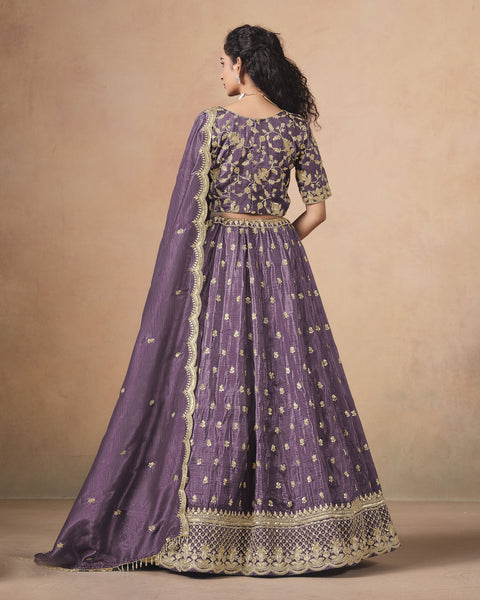 Lavender Zari Sequins Work Organza Silk Unstitched Women Lehenga Choli For Wedding