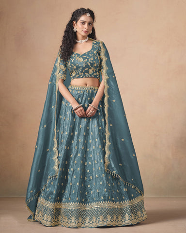 Bluish Grey Zari Sequins Work Organza Silk Unstitched Women Lehenga Choli For Wedding