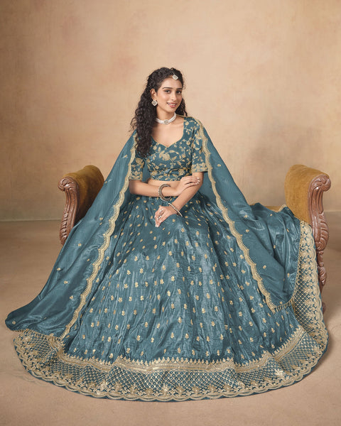 Bluish Grey Zari Sequins Work Organza Silk Unstitched Women Lehenga Choli For Wedding