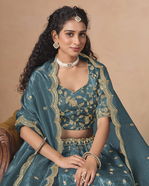 Bluish Grey Zari Sequins Work Organza Silk Unstitched Women Lehenga Choli For Wedding
