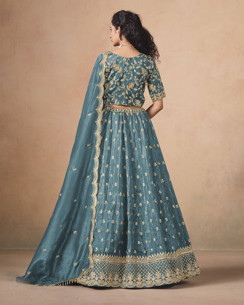 Bluish Grey Zari Sequins Work Organza Silk Unstitched Women Lehenga Choli For Wedding