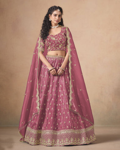 Pink Zari Sequins Work Organza Silk Unstitched Women Lehenga Choli For Wedding