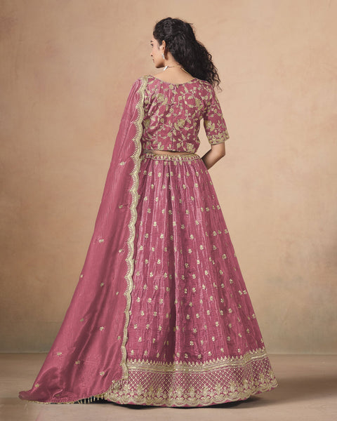 Pink Zari Sequins Work Organza Silk Unstitched Women Lehenga Choli For Wedding